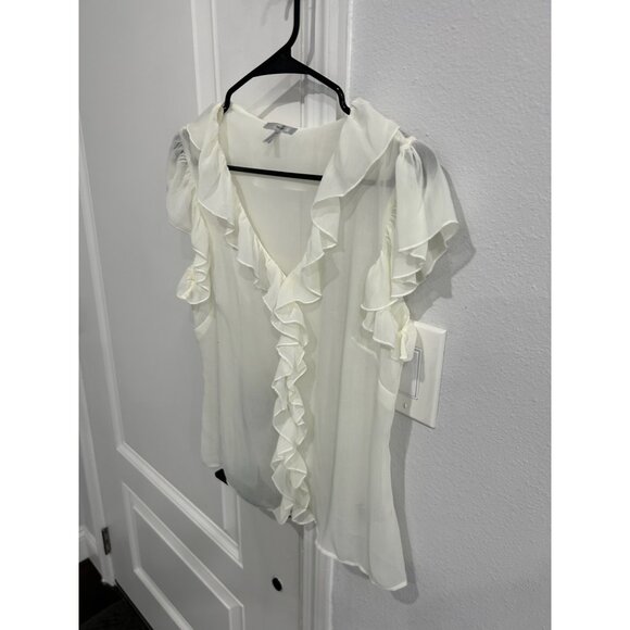 Metro 7 Sheer Cap Sleeve  V-Neck Ruffle Blouse Eggshell Sz Medium Career Office - Picture 3 of 10